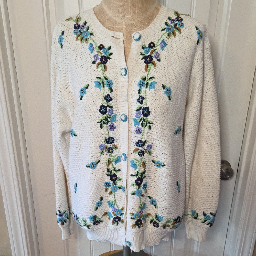 Cream Cardigan with Blue And Purple Floral Embroidery